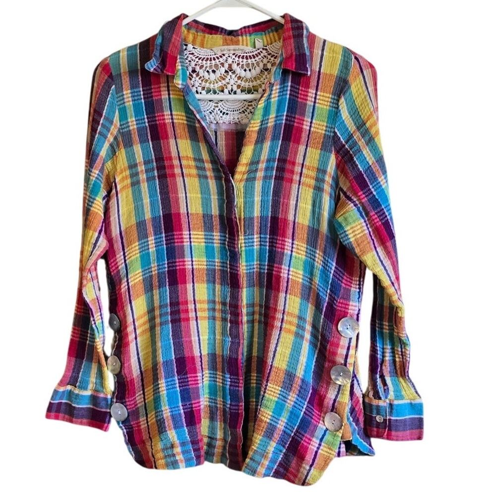 Soft surroundings Kona Shores gauze cotton plaid button down shirt size large